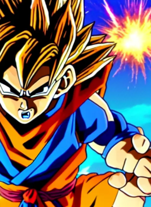 Image similar to game still of a sayan goku as a fortnite skin in fortnite by fortnite, pose.