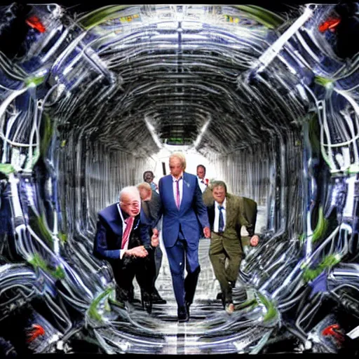 Prompt: Joe Biden and a group of demons crawling out of The Large Hadron Collider at cern 4k ultra high quality surrealism