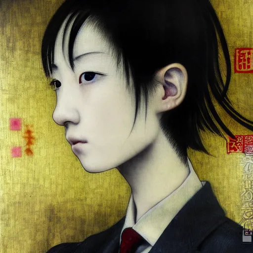 Image similar to yoshitaka amano blurred and dreamy realistic three quarter angle portrait of a young woman with short hair and black eyes wearing office suit with tie, junji ito abstract patterns in the background, satoshi kon anime, noisy film grain effect, highly detailed, renaissance oil painting, weird portrait angle, blurred lost edges