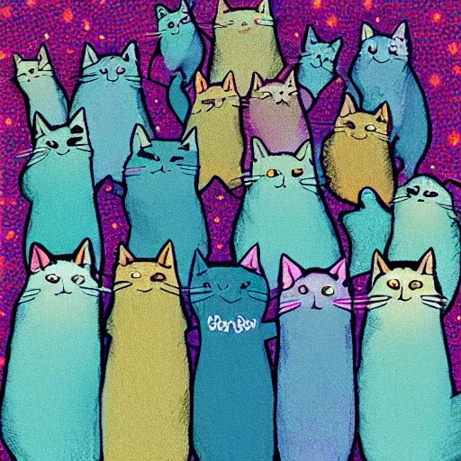 Image similar to a room full of cats singing in comic art style pastel colors