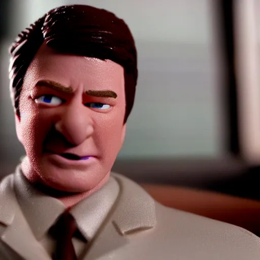 Image similar to a cinematic film still of a claymation stop motion film starring nathan fillion, shallow depth of field, 8 0 mm, f 1. 8