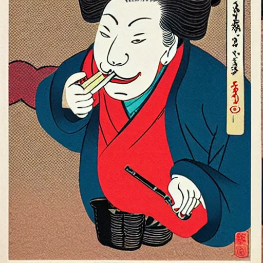 Prompt: ukiyo - e style print of ronald mcdonald smoking a cigarette