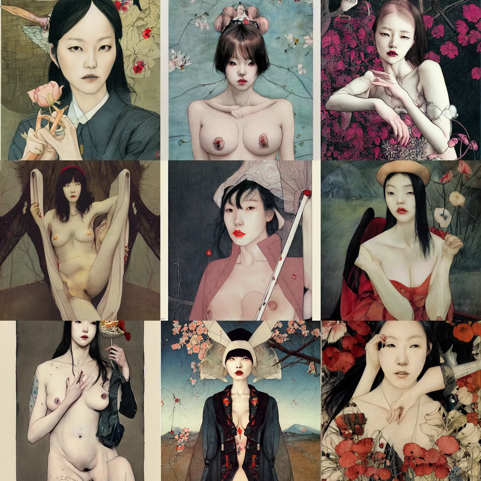 Prompt: lee jin - eun by m. k. kaluta, martine johanna, hieronymus bosch, rule of thirds, seductive look, beautiful