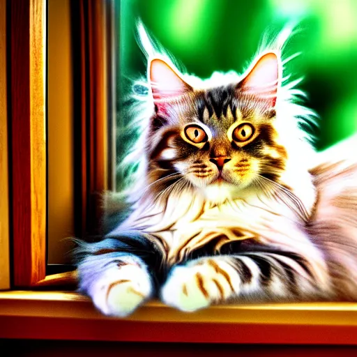 Image similar to portrait cream color maine coon cat curled up, bay window sofa, 8K, 4K, digital art, palette knife, photoshop, sumi-e, oversaturated lens flair, bokeh, sunbeam