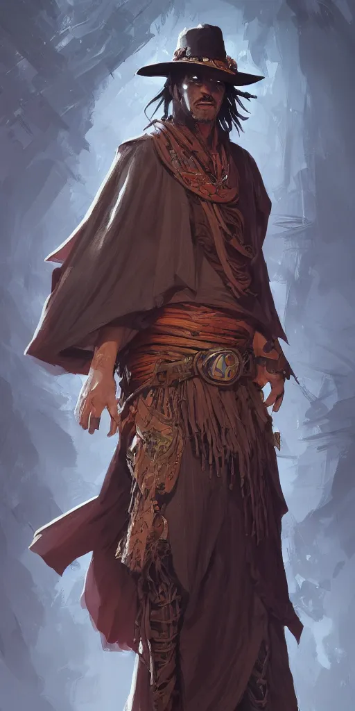 Image similar to misterious gaucho shady look, a raggy long poncho, magic the gathering style, intricate, highly detailed, digital painting, artstation, concept art, sharp focus, illustration, geometric dripped ink background, hearthstone, art by Artgerm and Greg Rutkowski and Craig Mullins - W 700