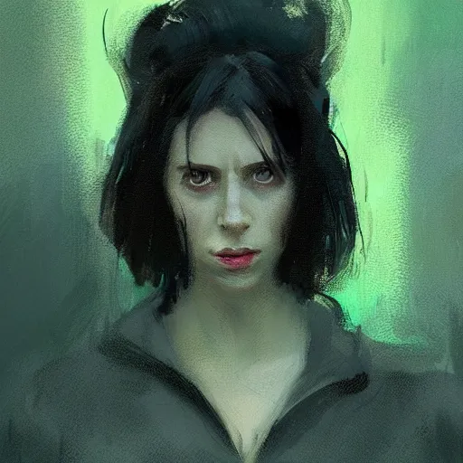 Image similar to Portrait of a woman by Greg Rutkowski, she is about 30 years old, pretty, messy black bob hair, pale round face, tired green eyes and she is wearing a black utilitarian jumper jumpsuit, highly detailed portrait, digital painting, artstation, concept art, smooth, sharp foccus ilustration, Artstation HQ.