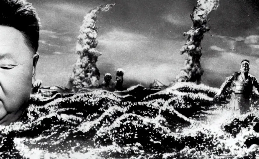 Image similar to a filmstill of Kim Jong-il and a starfish monster destroying Pyongyang, in Godzilla (1954) by Ishirō Honda, epic ultrawide shot, cinémascope