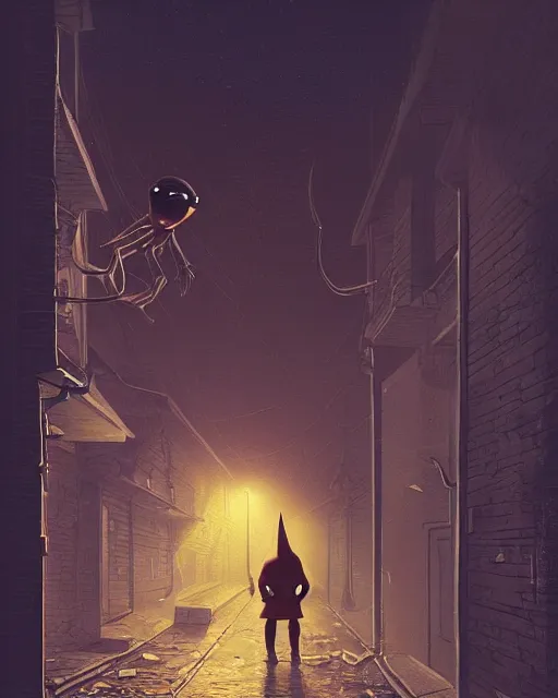 Prompt: a myterious hooded alien creature drug dealing in a dark alleyway, by simon stalenhag james gurney, cinematographic, hard artificial lighting, 3 5 mm lens, defined shapes, baroque sci - fi architecture, puddles, artstation, masterpiece