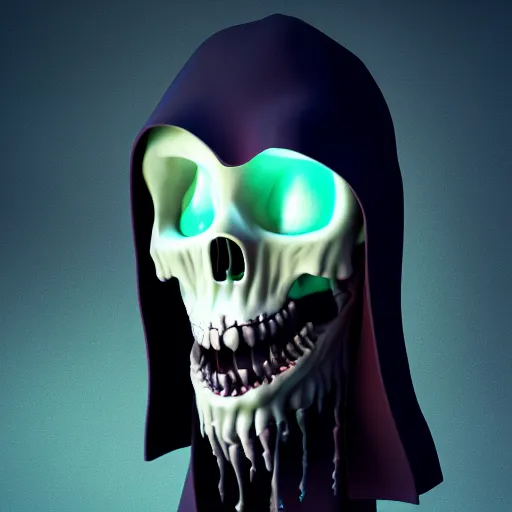 Image similar to candypunk grim reaper, character design, high quality digital art, render, octane, redshift, volumetric lighting, oled