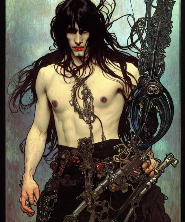 Prompt: realistic detailed face portrait of a rugged necromancer with black hair and black leather armor by alphonse mucha, ayami kojima, amano, greg hildebrandt, and mark brooks, male, masculine, art nouveau, neo - gothic, gothic, character concept design