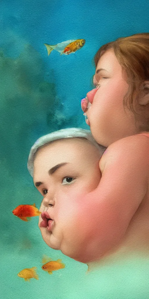 Image similar to a hype realistic oil painting of the most cute little fat girl kissing a huge colorful cute fish. hype realistic scene. old photography style. studio lighting. window. 3 d, octane render, deep focus, fashion style, white scene. very funny and sweet art. unreal engine. watercolor. fellini style. poster quality. da vinci painting style. illustration.