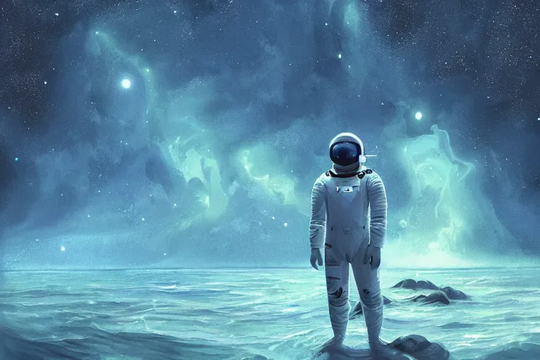 Image similar to beautiful astronaut relaxing at the Sea Of Stars of Vaadhoo Island Maldives, Bioluminescent sea plankton that shines bright blue during the night makes the sea area, glowing water, intricate, elegant, luxurious, digital painting, concept art, smooth, sharp focus, from Star Trek 2021, illustration, by WLOP and Ruan Jia and Mandy Jurgens and William-Adolphe Bouguereau, Artgerm