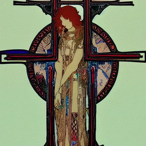 Image similar to a spiritual cross on top of a holy mountain, Mucha, Moebius, Mohrbacher