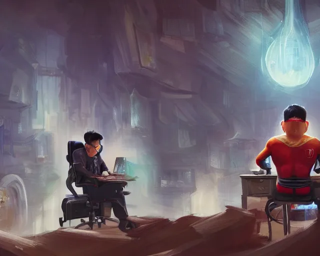 Image similar to an insanely detailed painting of a nerdy asian man wearing a superhero costume, sitting at a desk, staring at the nervously at the computer and typing, in the style of peter mohrbacher, dramatic lighting and composition, surreal background, octane render, pixar, trending on artstation, concept art, comic book, view from behind