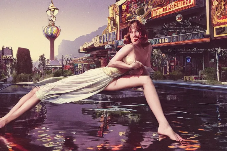 Prompt: photography of gregory crewdson, 1 9 7 6 portrait of a woman floating in the air, background is a vegas street scene, deep focus, intricate, elegant, highly detailed, artstation, concept art, matte, sharp focus, art by artgerm and greg rutkowski and alphonse mucha