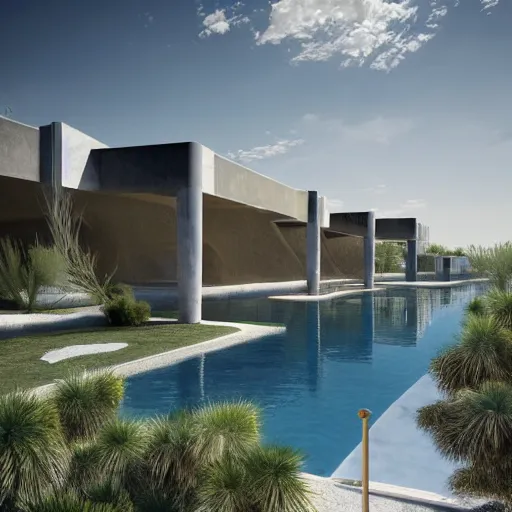 Prompt: brutalism conceptual building in the desert, biophilia mood, pool, garden, highly detailed, cinematic, photorealistic,