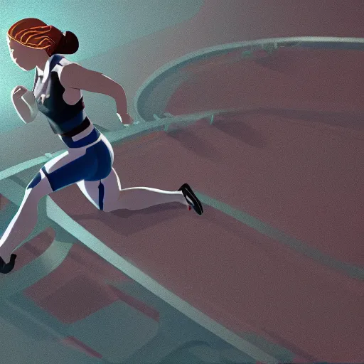 Prompt: Female athlete sprinter in a race with mechanical legs, cinematic stillframe, diesel punk, art deco stadium, artstation, contrasty, Studio Ghibli