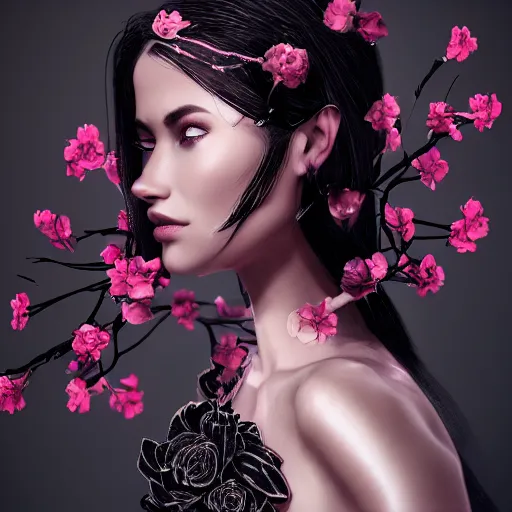 Image similar to beautiful girl in a dress made of black roses and cherry blossoms, beautiful portrait, symmetrical, character concept style trending on artstation concept art detailed octane render cinematic photo - realistic 8 k high detailed