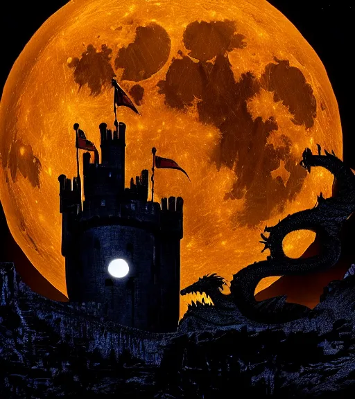 Image similar to a dragon silhouette crossing the full moon at night, with dark castle in foreground, cinematic frame by steven spielberg, game of thrones, hd