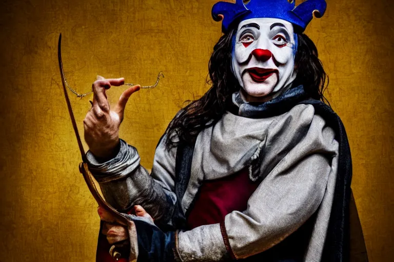 Image similar to medieval jester, sinister, photograph, portrait,