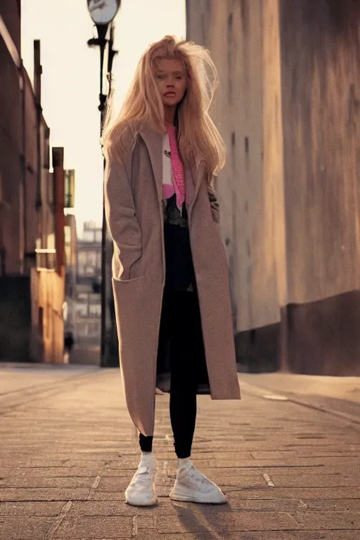 Prompt: high quality realistic street photo of girl, blond hair, clothes in the sport style of 1 9 9 0, sneakers, lowered socks, loose coat, perfect face against the sunset sky ; kodak ektar, 2 0 0 iso, 3 5 mm lens, bill henson style beautiful chiaroscuro lighting, beautiful colour palette, beautiful and realistic, wide shot