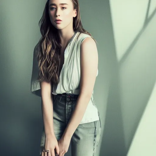 Image similar to alycia debnam carey standing while posing for a photo, award winning photography, HDR, studio lighting, dynamic pose, medium close shot, shot on Canon EOS R5, f/2.5,