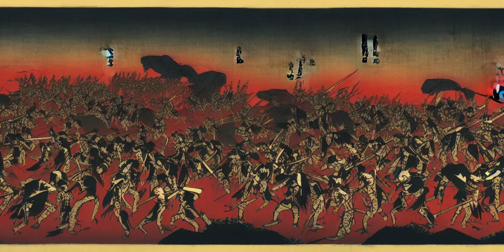 Image similar to an army of undead, at dusk, by Utagawa Kuniyoshi, dramatic lighting, high contrast colors, panoramic view, as trending on Artstation,