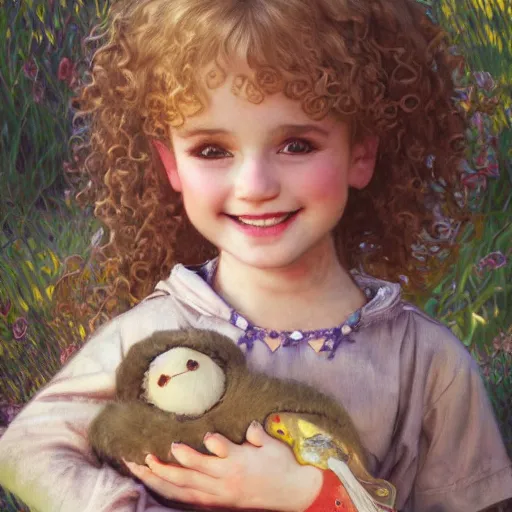 Prompt: a beautiful smiling little [[[[[[blonde toddler]]]]]] girl with short loosely curly hair, at the park on a beautiful day, holding a stuffed crow toy, by Artgerm, Mucha Klimt, Hiroshi Yoshida and Craig Mullins, featured on Artstation, CGSociety, Behance HD, Deviantart
