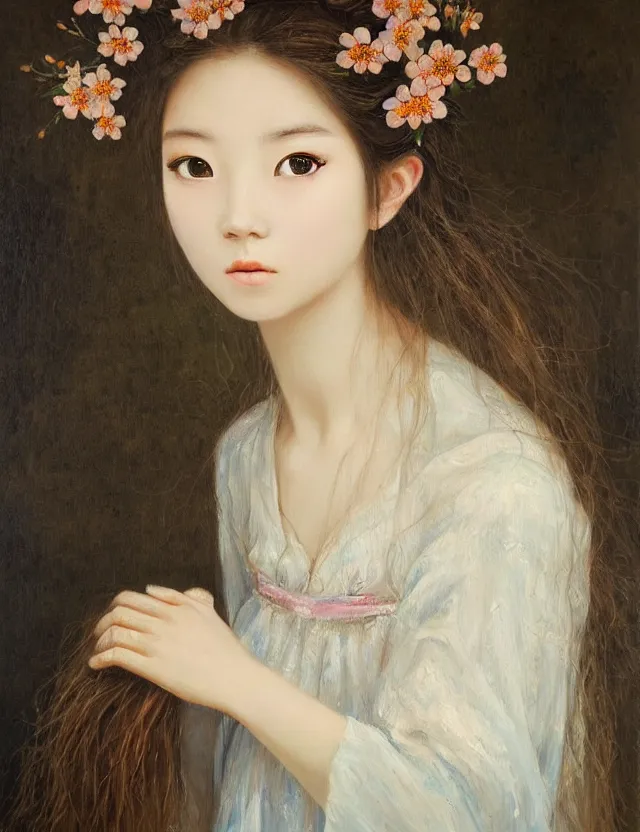Prompt: flower girl, wonderful eyes, her loose hair, delicate, intricate details, a real masterpiece, oil on canvas, author li zhang