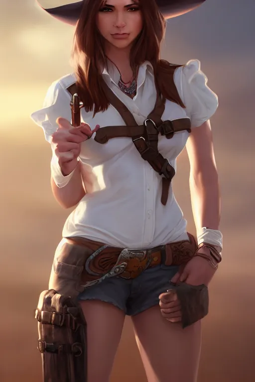 Image similar to full body, female cowgirl, perfect face, white blouse, holster, 8 k, magic the gathering, desert, d & d, artstation, high detail, smooth, muscular