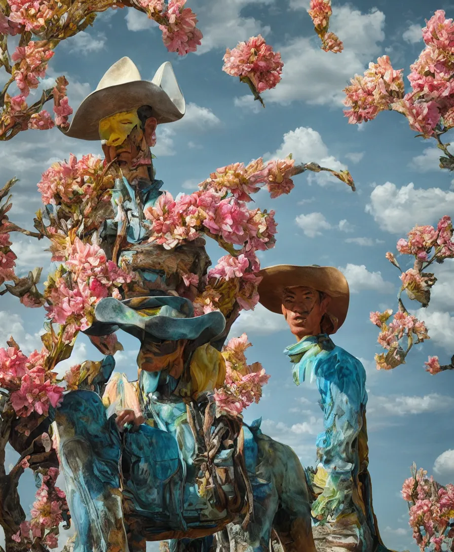 Image similar to a cowboy turning into blooms by slim aarons, by zhang kechun, by lynda benglis. tropical sea slugs, angular sharp tractor tires. complementary bold colors. photo of a manly cowboy. warm soft volumetric dramatic light. national geographic. 8 k, rendered in octane, smooth gradients. angular sculpture by antonio canova by gian lorenzo bernini.