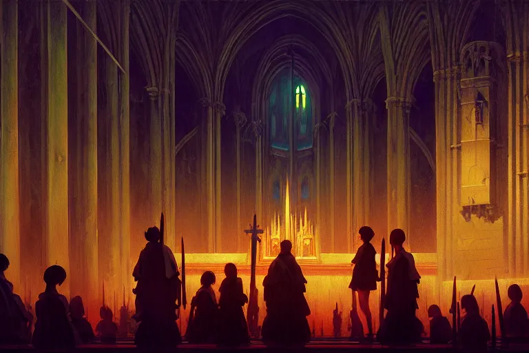 Image similar to baroque oil painting of anime key visual environment concept art of satanic ritual in cathedral, brutalist, dark fantasy, rule of thirds, digital cel shading, fake hidden detail, trending on pixiv fanbox, acrylic palette knife and brush, style of makoto shinkai studio ghibli jamie wyeth james gilleard greg rutkowski