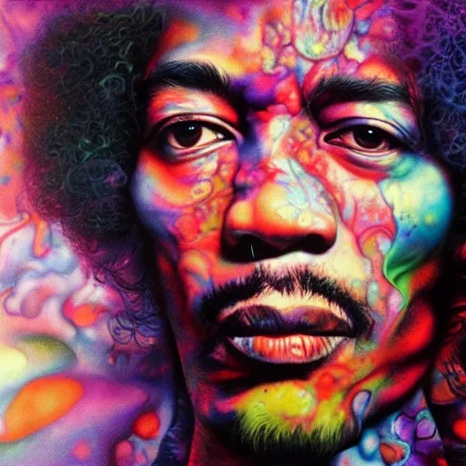 Image similar to colour masterpiece surreal closeup portrait photography jimi hendrix by miho hirano and annie leibovitz and michael cheval, psychedelic smoke background, 8 k