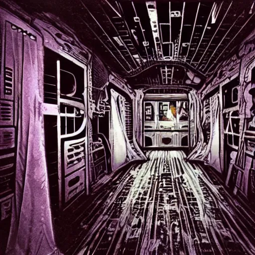 Image similar to the interior of a haunted space ship, horror style