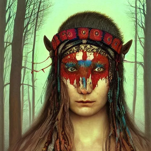 Image similar to A young blindfolded shaman woman with a decorated headband from which blood flows, in the style of heilung, blue hair and wood on her head. The background is a forest on fire, made by Esao Andrews and Karol Bak and Zdzislaw Beksinski,