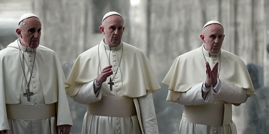 Image similar to film frame of the pope and eminem doing a rap freestyle 4 k quality rule of thirds eminem's face detail cinematic color grading by christopher nolan. two only main characters.