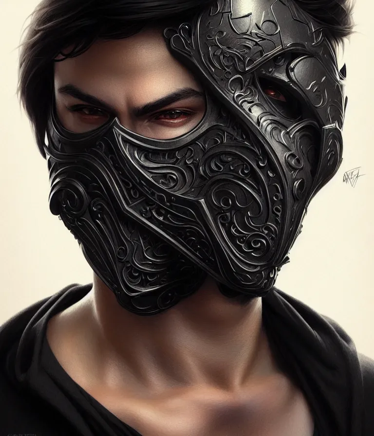 Prompt: ultra realistic illustration, a male with black mask, black t - shirt, intricate, elegant, highly detailed, digital painting, artstation, concept art, smooth, sharp focus, illustration, art by artgerm and greg rutkowski and alphonse mucha