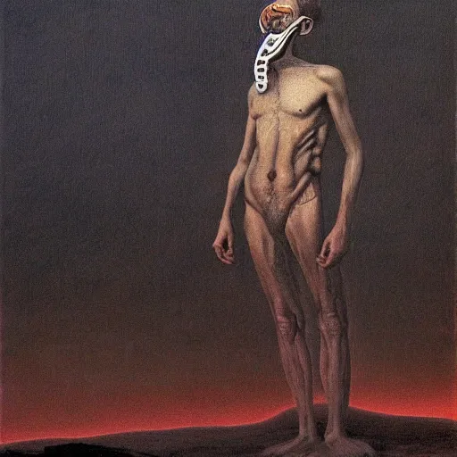 Image similar to man having an existential crisis, surrealist art in the style of salvador dali and zdzisław beksinski, highly detailed, trending on wikiart