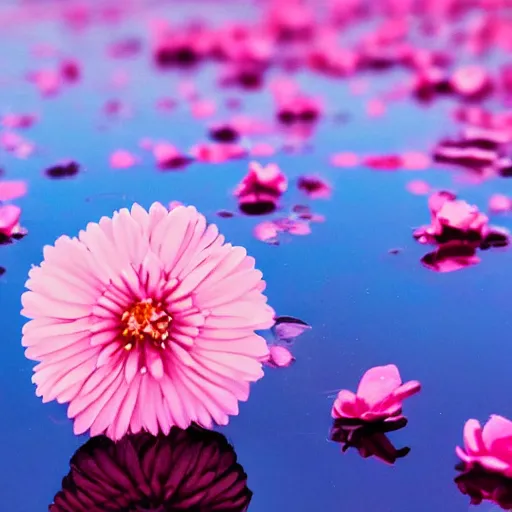 Image similar to pink perfume bottle sitting on the middle of a blue lake, close up shot, upfront, surrounded by pink flowers, blurred blue sky backround, softly - lit, soft - warm, zen, light, modern minimalist f 2 0 clean