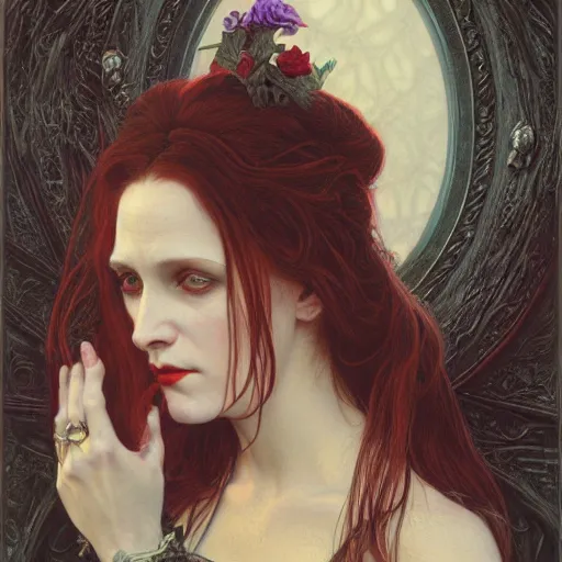 Image similar to portrait of a lady vampire, 35mm, victorian, depth of field, ominous, sharp, highly detailed, photorealistic, realistic, unreal 5, high definition, 8k, deviantart, donato giancola, irwin penn, Alphonse Mucha