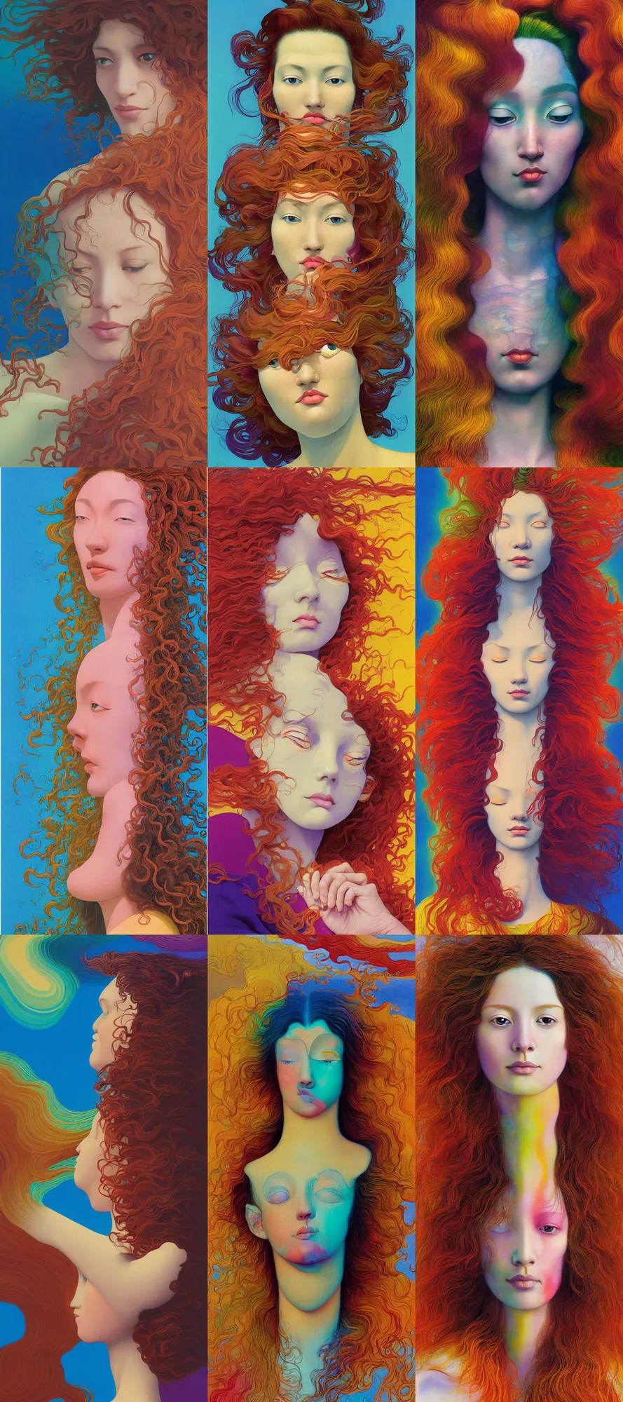 Prompt: a colorful vibrant closeup portrait of a simple caucasian woman with curly mid length brown hair with a calm afraid aesthetic face half submerged in water covered dali and dreaming psychedelic hair, by kawase hasui, moebius, edward hopper and james gilleard, zdzislaw beksinski, steven outram colorful flat surreal design, hd, 8 k, artstation