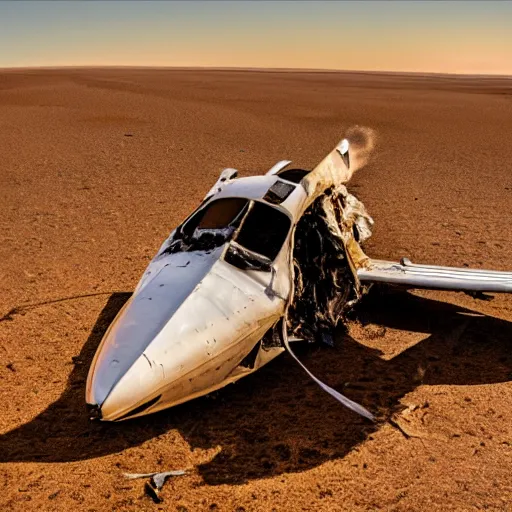 Prompt: Plane crash in the desert. Realistic photo. Award winning photo. 4k. 8k.