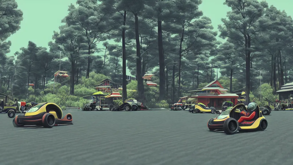 Image similar to I am following Sheldon Evans, driving around in go-karts, very high detailed screen print by Kawase Hasui and dan hillier, 8k unreal engine