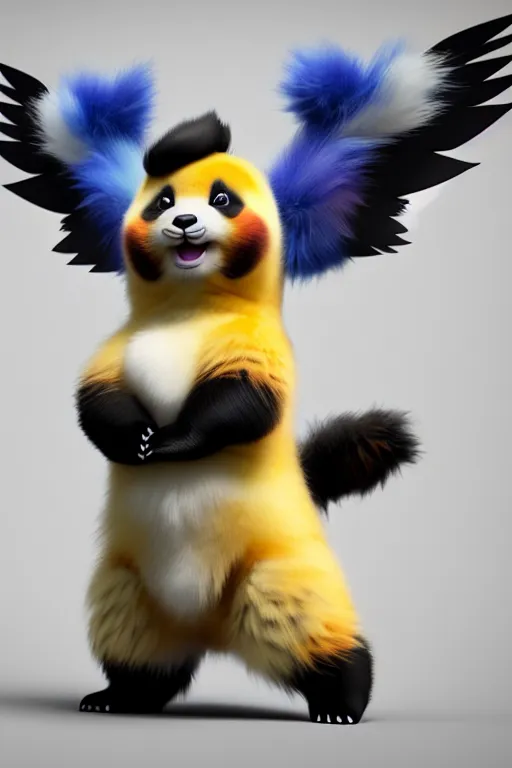 Prompt: high quality 3 d render hyperrealist very cute multicolor stripped fluffy! phoenix panda hybrid with wings!!!, highly detailed, vray smooth, in the style of detective pikachu, hannah yata charlie immer, dramatic blue light, low angle, uhd 8 k, sharp focus