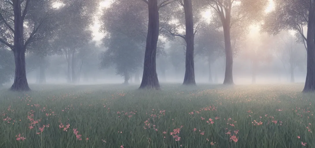 Image similar to beautiful meadow at sunrise, thin morning fog hovering close to the ground, symmetry, intricate Details, raphael lacoste, eddie mendoza, alex ross, concept art, matte painting, highly detailed, rule of thirds, dynamic lighting, cinematic, detailed, denoised, centerd, clean render