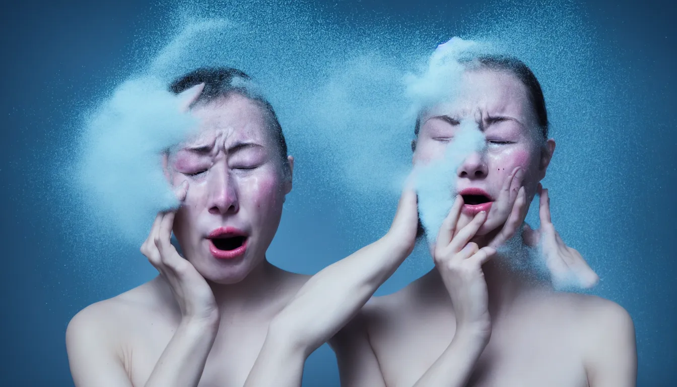 Prompt: humans , feedback loop , burst of powders ,volumetric lighting, twisting vapour, bellowing dust , emerging hands and beautiful woman’s crying face , full colour , upscale , 4k