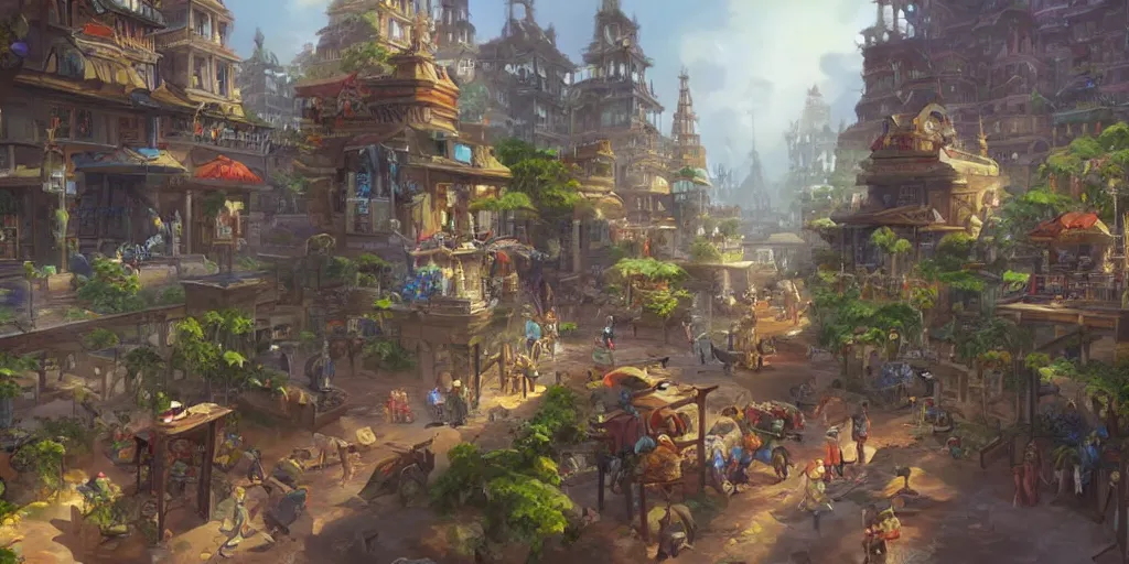 Prompt: Bustling pre-colonial Philippine city, concept art by Tyler Edlin