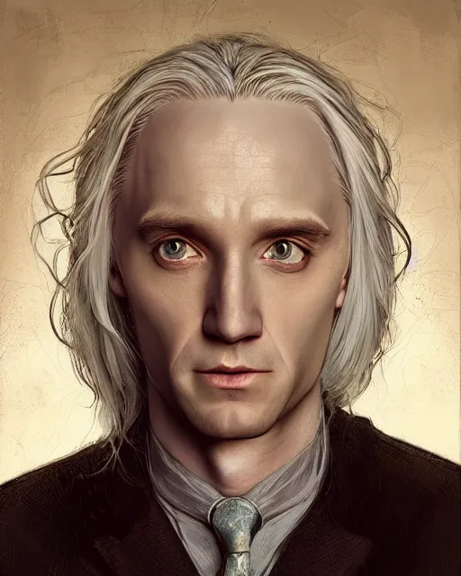 Image similar to portrait of 4 0 - year - old man with long white hair with a pale complexion, malfoy lucius, clear face, pointed face and grey eyes, hyper realistic face, beautiful eyes, fantasy art, in the style of greg rutkowski, intricate, alphonse mucha, hyper detailed, smooth