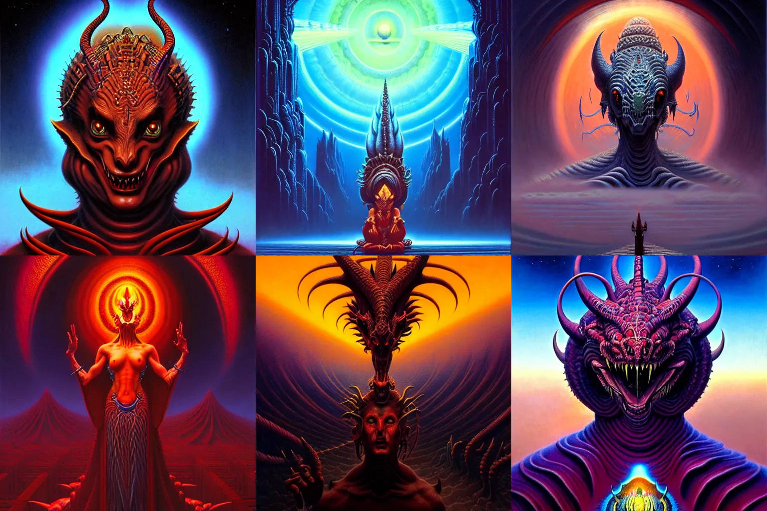 Prompt: Cinematic head-on symmetrical centered portrait of the gothic Hindu daemon dragon goddess, head only, by Tim Hildebrandt, by Wayne Barlowe, by Bruce Pennington, by Zdzisław Beksiński, by Paul Lehr, oil on canvas, masterpiece, trending on artstation, featured on pixiv, cinematic composition, astrophotography, dramatic pose, beautiful lighting, sharp, details, details, details, hyper-detailed, no frames, HD, HDR, 4K, 8K