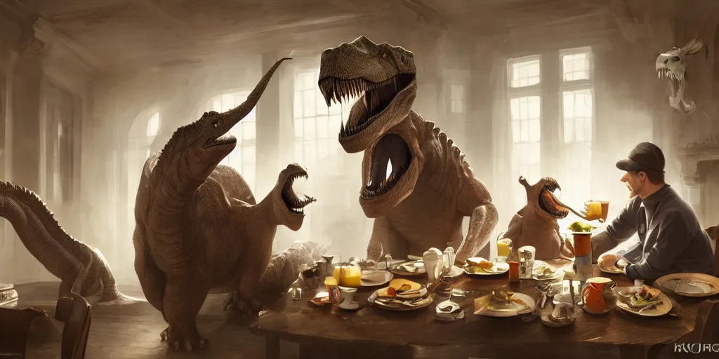 Prompt: an english man and a dinosaur having breakfast in the morning, light coming through window, hitting on the table, they sat on a chair, in the style of harry potter, volumetric lighting, cinematic composition, 8K wallpaper, hypermaximalist, hyper realistic, super detailed, octane,illustration, art by Krenz Cushart, fantasy, intricate, elegant, highly detailed, digital painting, artstation, concept art, smooth, sharp focus, illustration